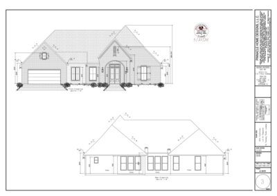 Architectural blueprint of a single‑family home showing front and rear elevations with brick exterior, gabled roof, two‑car garage, entryway, and multiple windows.