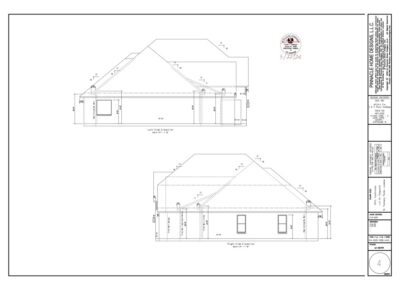 Architectural drawing of a single-story house showing left and right side elevations with roof lines and dimensions.