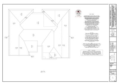 Architectural roof plan showing roof outline, ridges, and dormers with a title block on the right side.